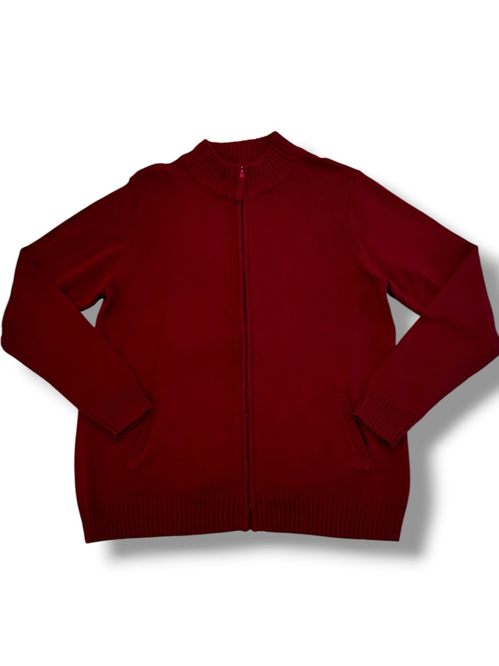 d&co Zip-Up Cardigan L Cotton Blend Brick Red Pockets Ribbed EUC F-4